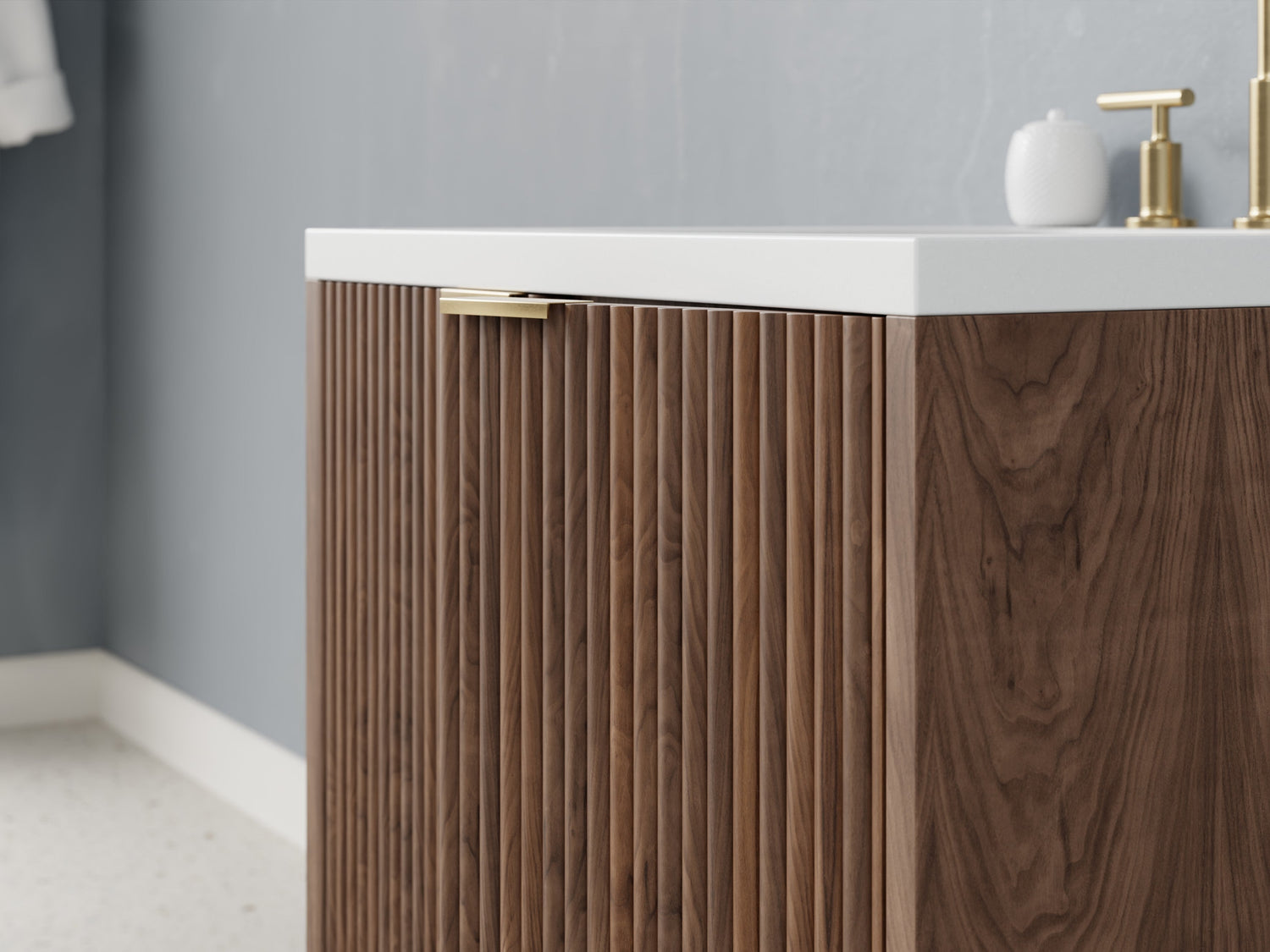 Image of 2-door with 4-drawers floating bathroom vanity in walnut finish and fluted wood style - front view.