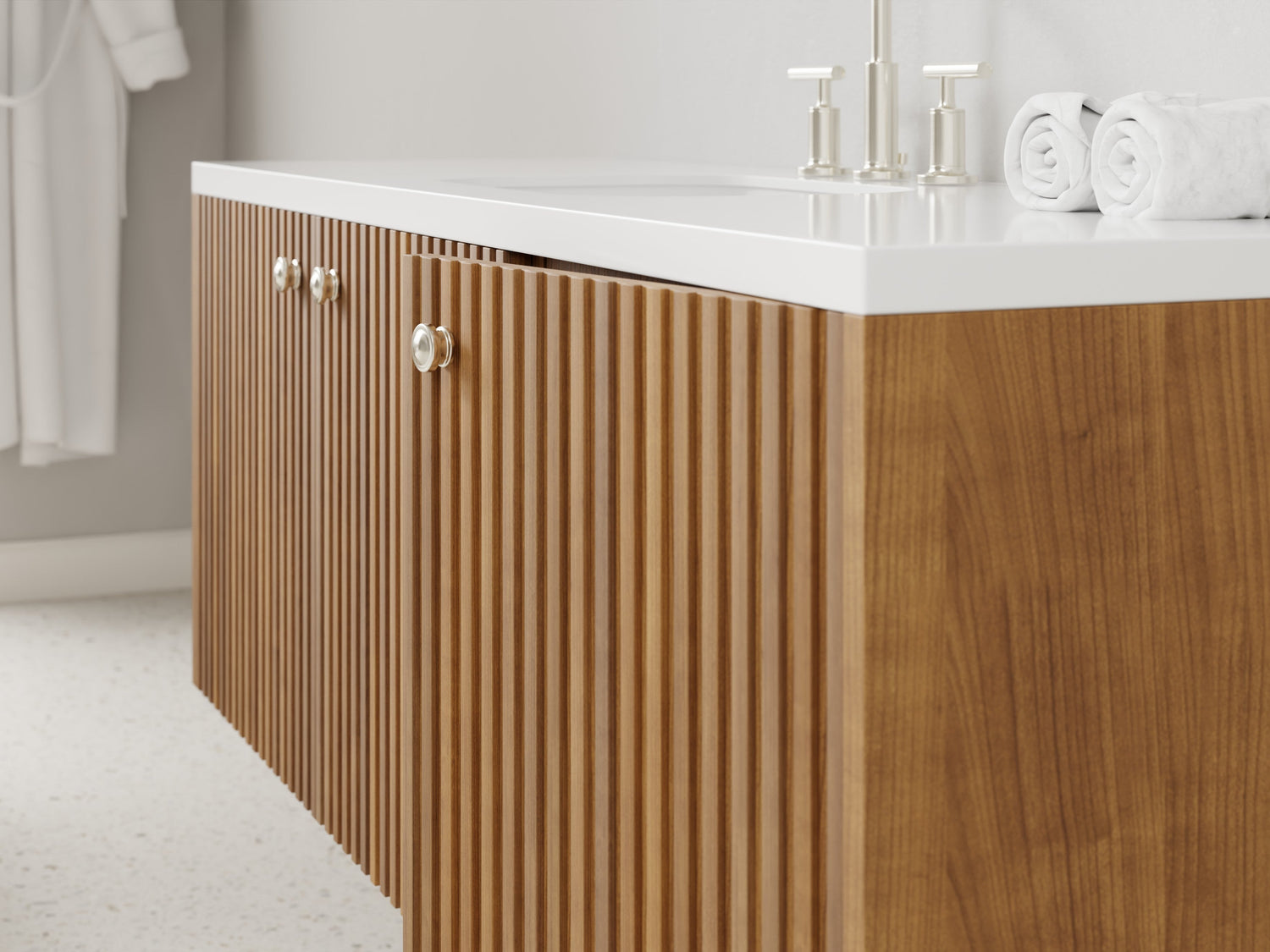 Image of 2-door with 4-drawers floating bathroom vanity in walnut finish and reeded wood style - front view.